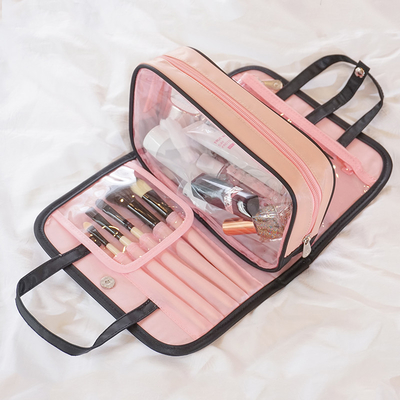 Maquillaje plegable del bolso del artículo de tocador del plástico transparente del rosa del bolso cosmético negro de la prenda impermeable